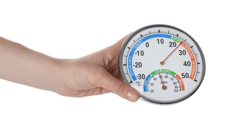 Photo of Woman holding hygrometer on white background, closeup. Atmospheric humidity