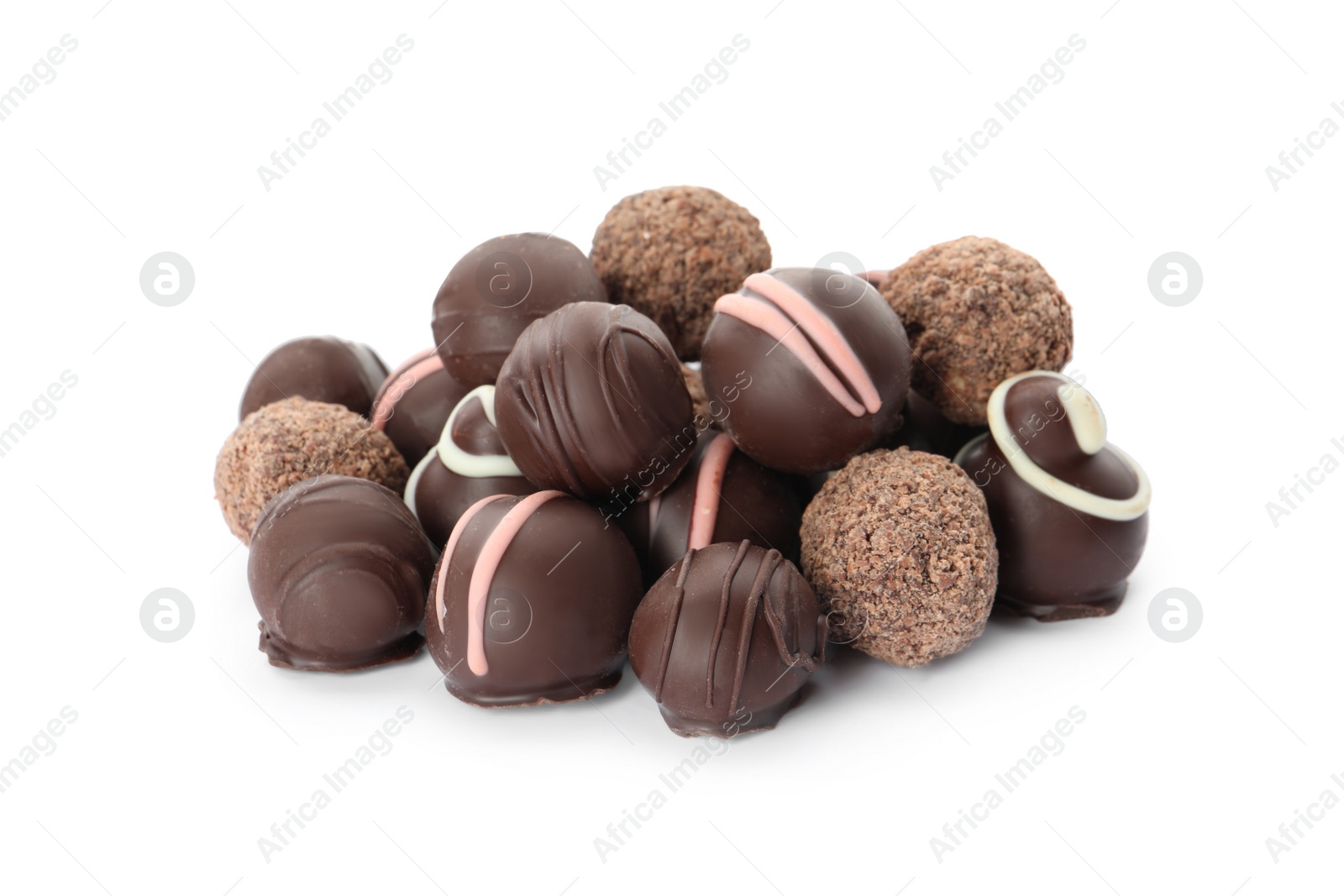 Photo of Many different delicious chocolate truffles on white background