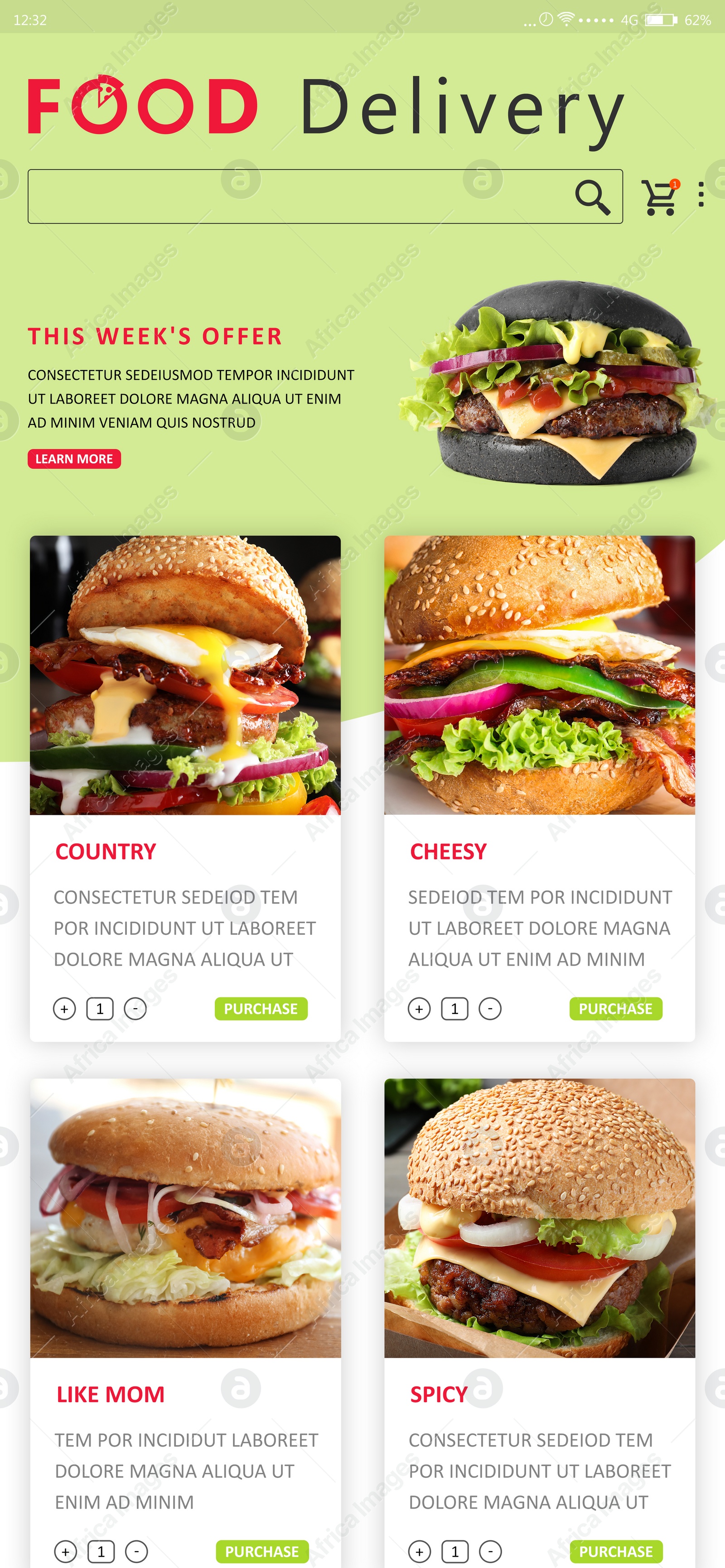 Image of Food delivery app. Display with appetizing menu