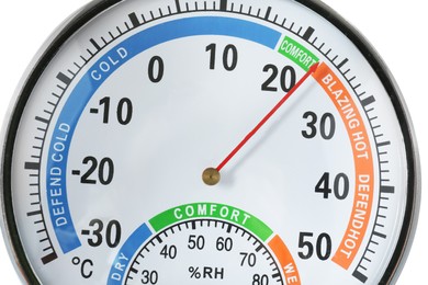 Photo of Round mechanical hygrometer on white background, closeup. Meteorological tool