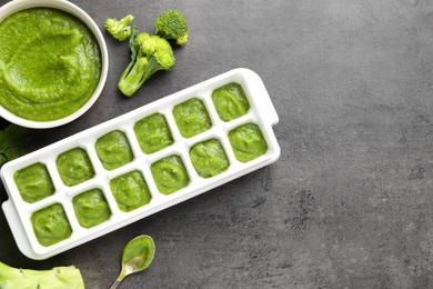Photo of Broccoli puree in ice cube tray ready for freezing on grey table, flat lay. Space for text