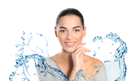 Image of Beautiful woman with perfect skin and splash of clear water on white background, banner design