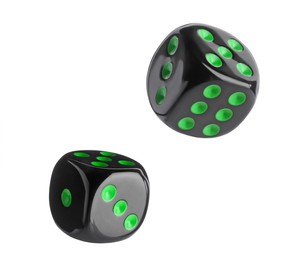 Image of Two black dice in air on white background