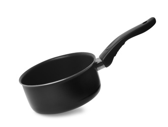 Photo of Empty modern black saucepan isolated on white