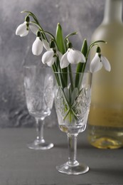 Beautiful snowdrops in glass and bottle on grey table