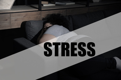 Image of Word STRESS and overweight woman sleeping on sofa at home