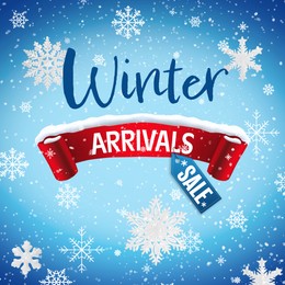 Winter arrivals flyer design with decorative snowflakes and text on light blue background
