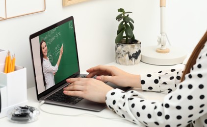 E-learning. Woman having online lesson with teacher via laptop at home, closeup