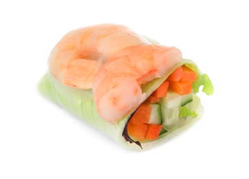 Photo of Cut spring roll with shrimps wrapped in rice paper isolated on white