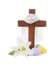 Photo of Wooden cross, cloth, painted Easter eggs and lily flowers on white background