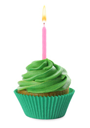 Photo of Delicious birthday cupcake with candle and green cream isolated on white