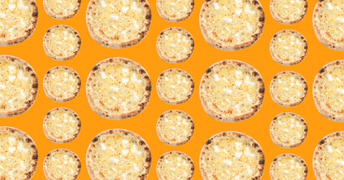 Image of Cheese pizza pattern design on orange background 