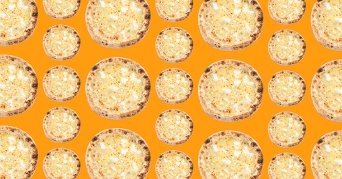 Cheese pizza pattern design on orange background 