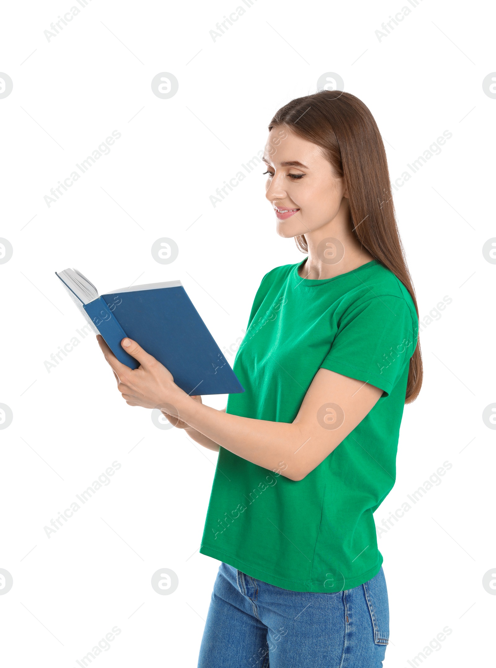 Photo of Young woman reading book on white background