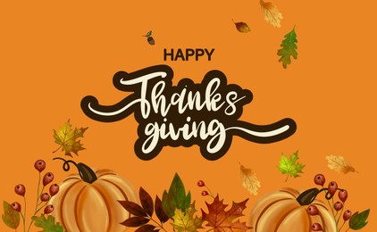 Illustration of Thanksgiving day card design. Autumn leaves, pumpkins and text on orange background, illustration