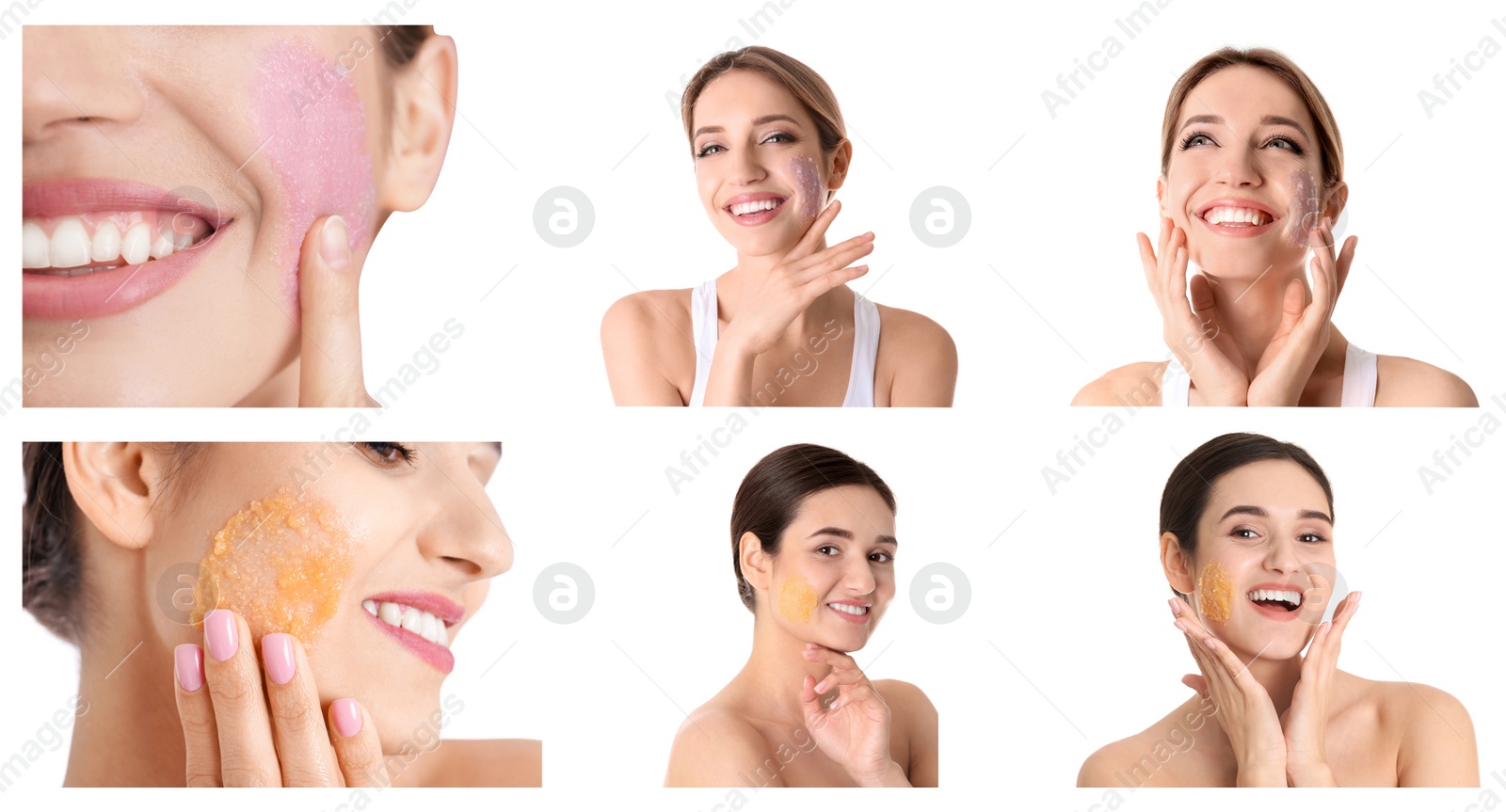 Image of Collage with photos of young women applying body scrubs on white background