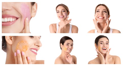 Image of Collage with photos of young women applying body scrubs on white background