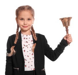Photo of Pupil with school bell on white background