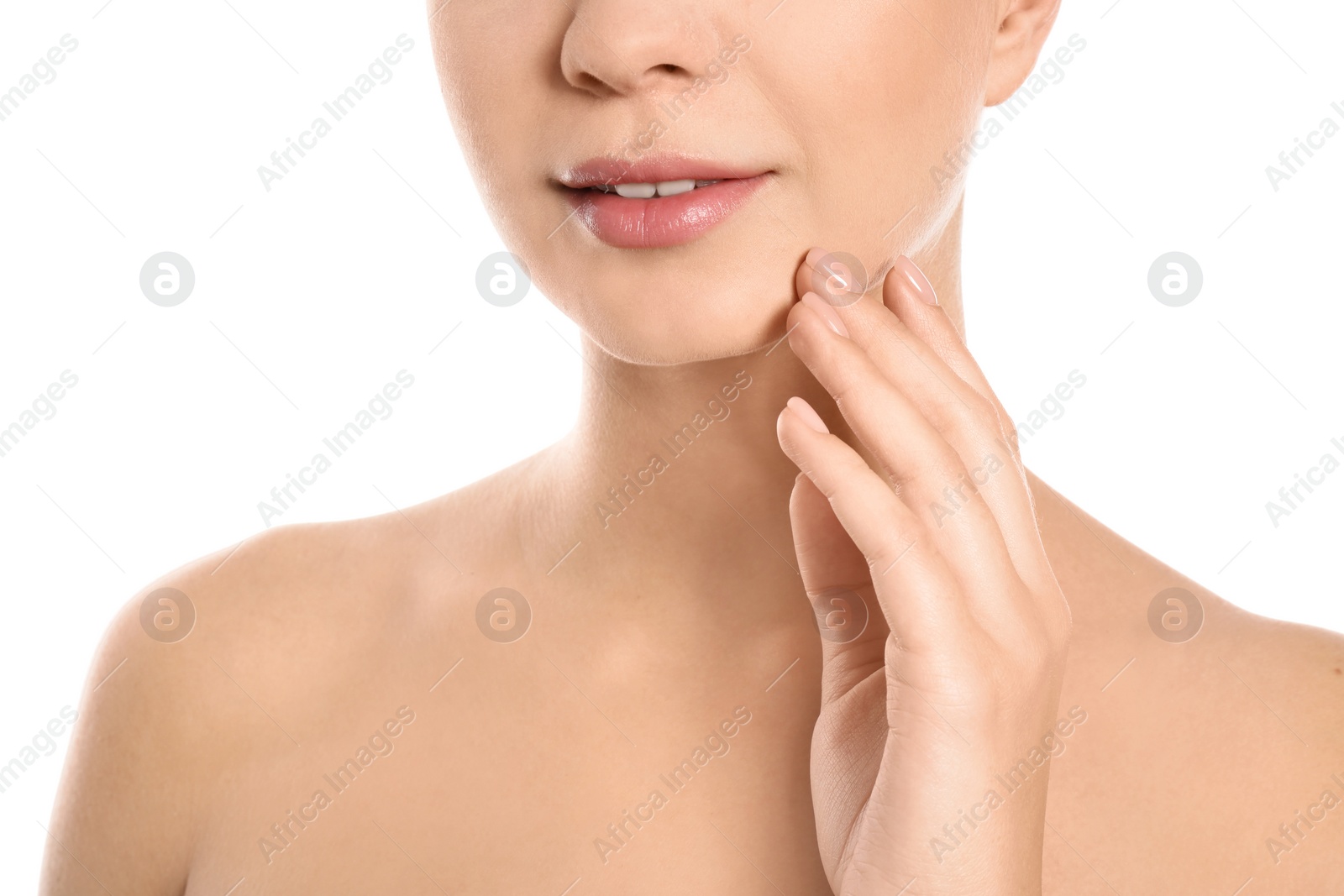 Photo of Closeup view of beautiful young woman on white background. Lips contouring, skin care and cosmetic surgery concept