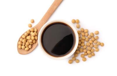 Bowl of soy sauce and soybeans isolated on white, top view