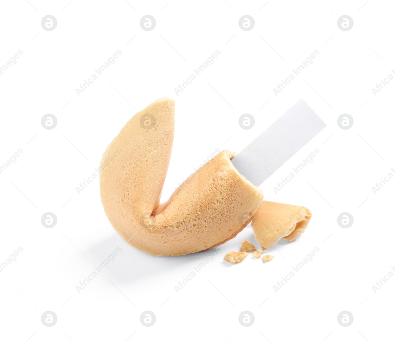 Photo of Cracked traditional fortune cookie with prediction on white background