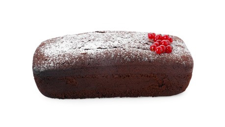 Photo of Tasty chocolate sponge cake with powdered sugar and currant isolated on white
