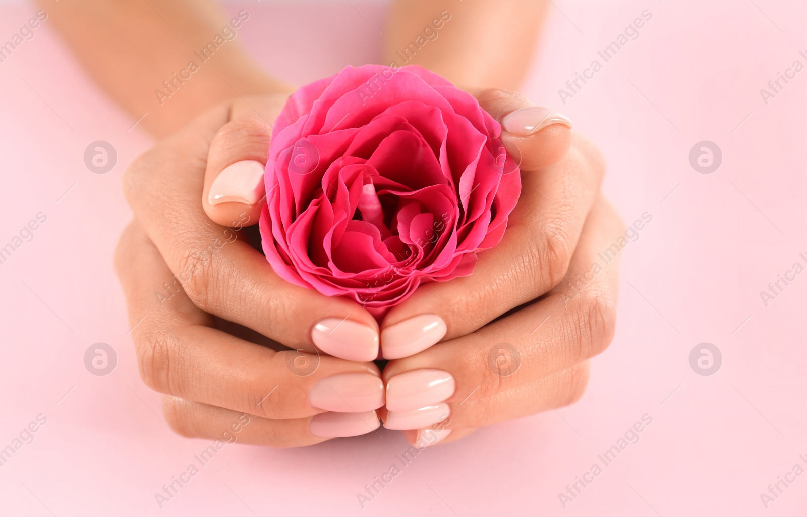 Photo of Closeup view of woman with rose on color background. Spa treatment