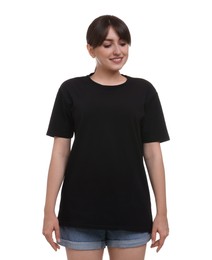 Smiling woman in stylish black t-shirt on white background
