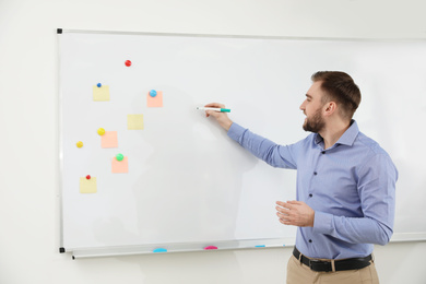 Portrait of young teacher writing on whiteboard in classroom