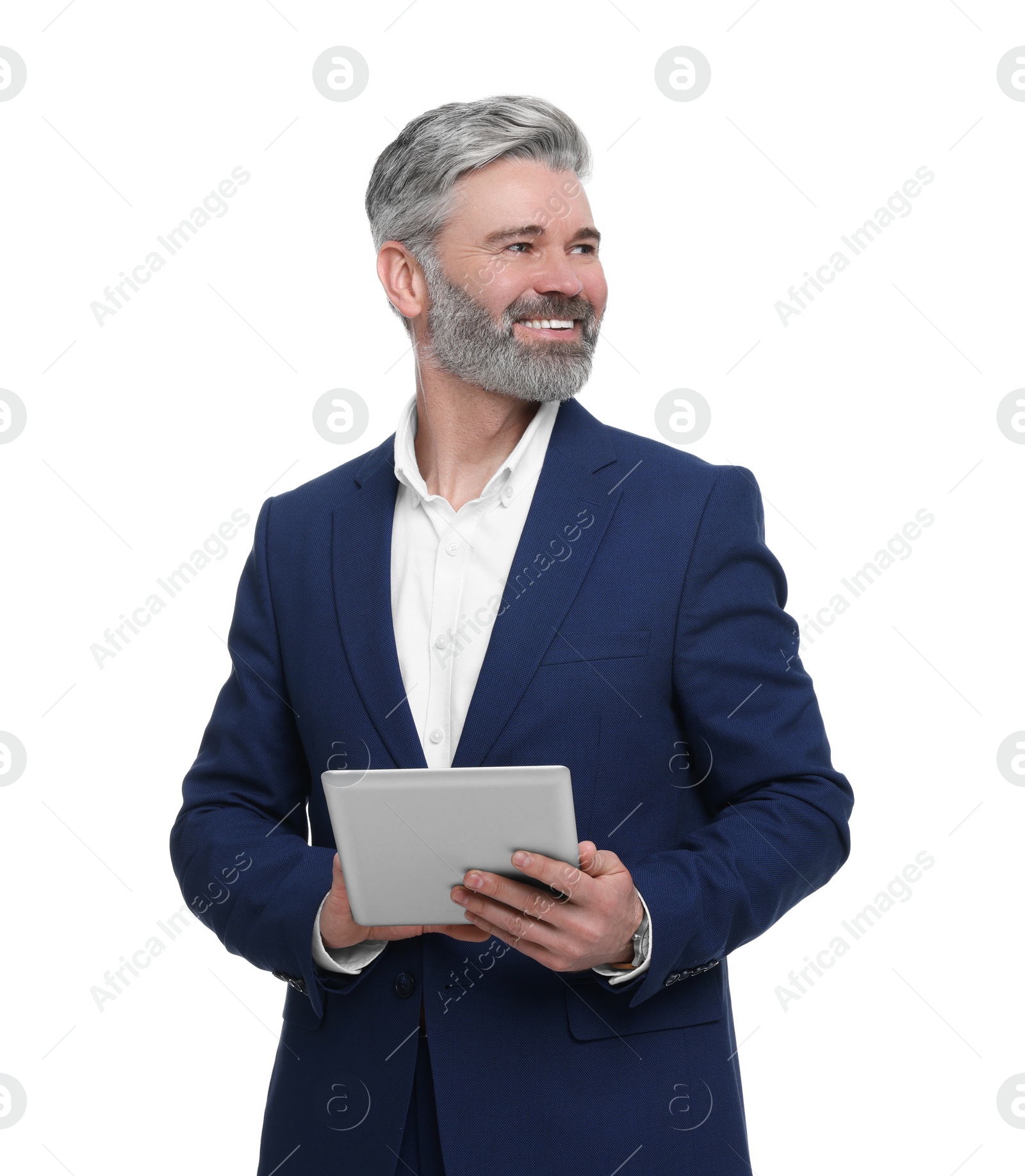 Photo of Mature businessman in stylish clothes with tablet on white background