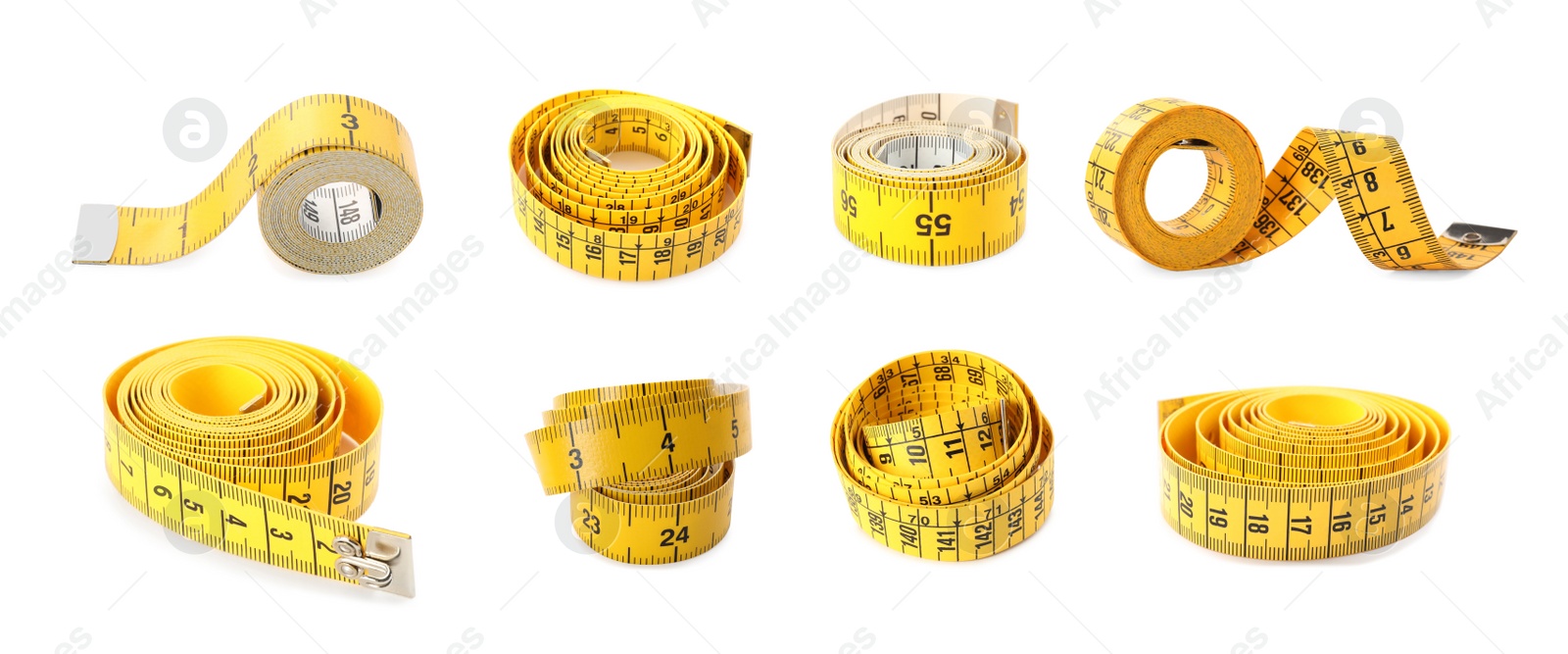 Image of Set of yellow measuring tapes on white background. Banner design