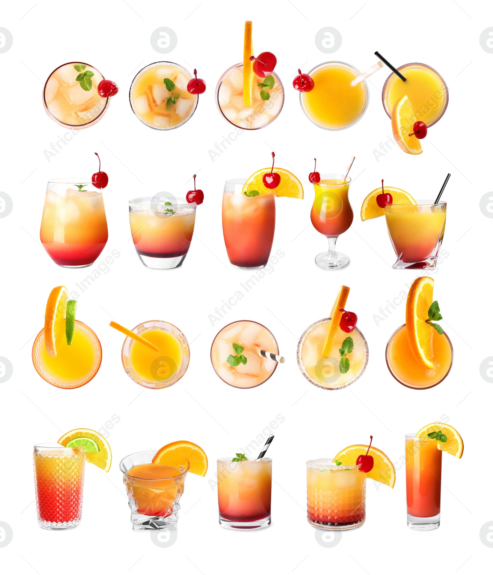 Image of Set of Tequila Sunrise cocktails on white background