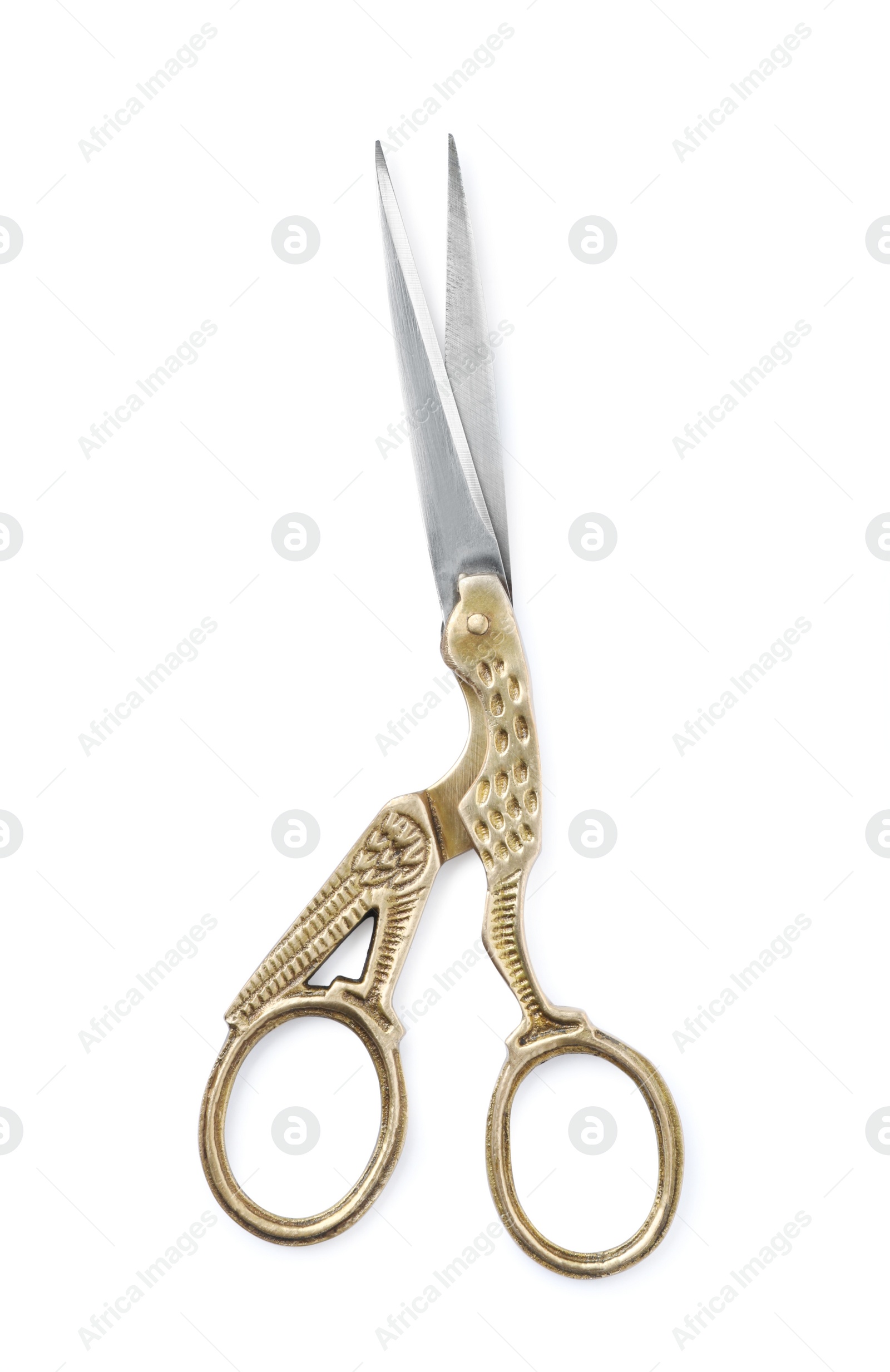 Photo of Pair of scissors with ornate handles isolated on white, top view