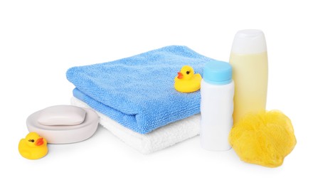 Photo of Baby cosmetic products, bath ducks, sponge and towels isolated on white