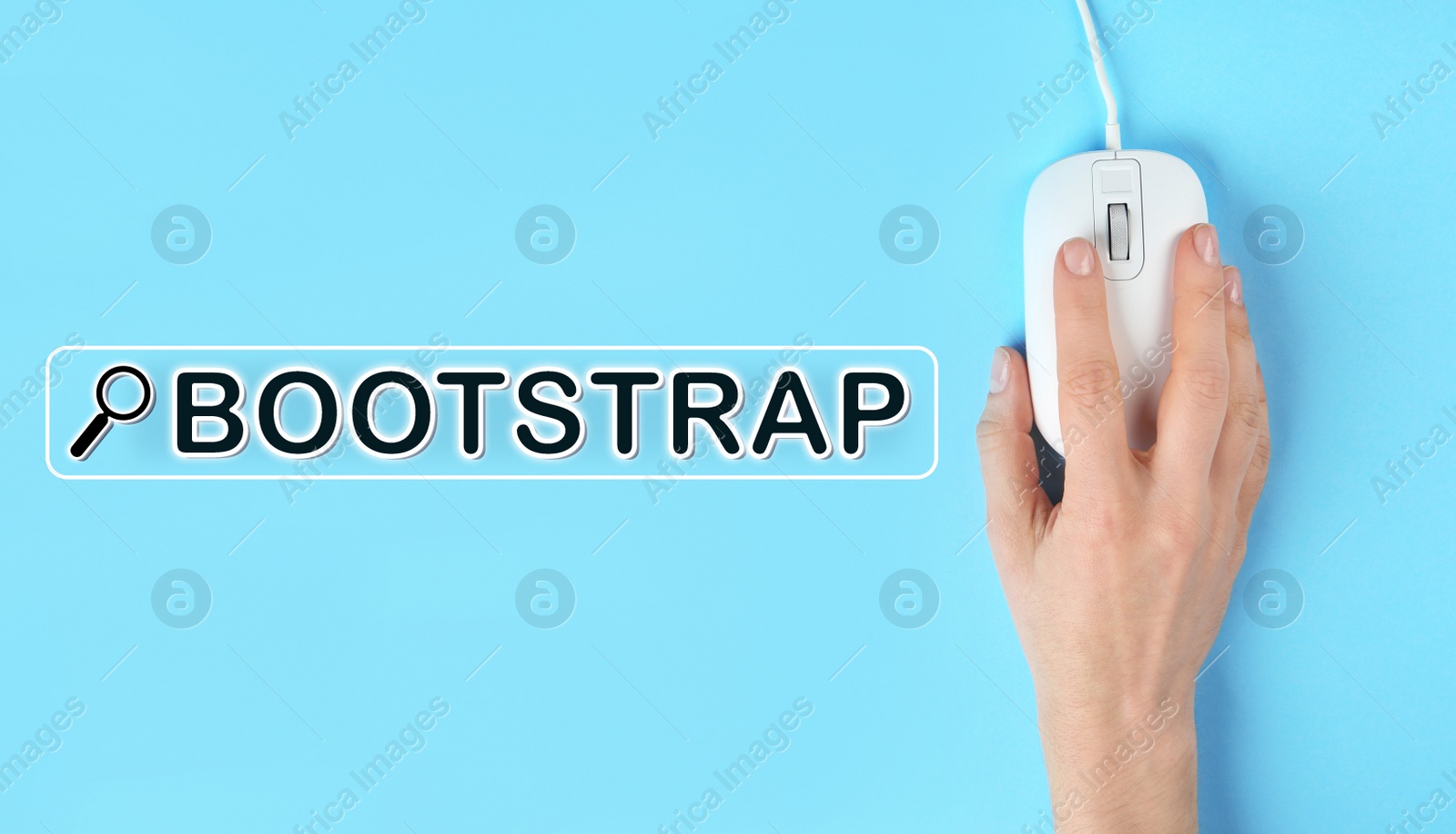 Image of Woman using computer mouse on light blue background, closeup. Bootstrap button