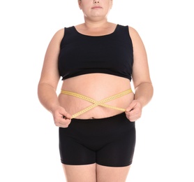 Fat woman with measuring tape on white background, closeup. Weight loss