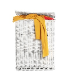 Photo of Wicker laundry basket with dirty clothes on white background