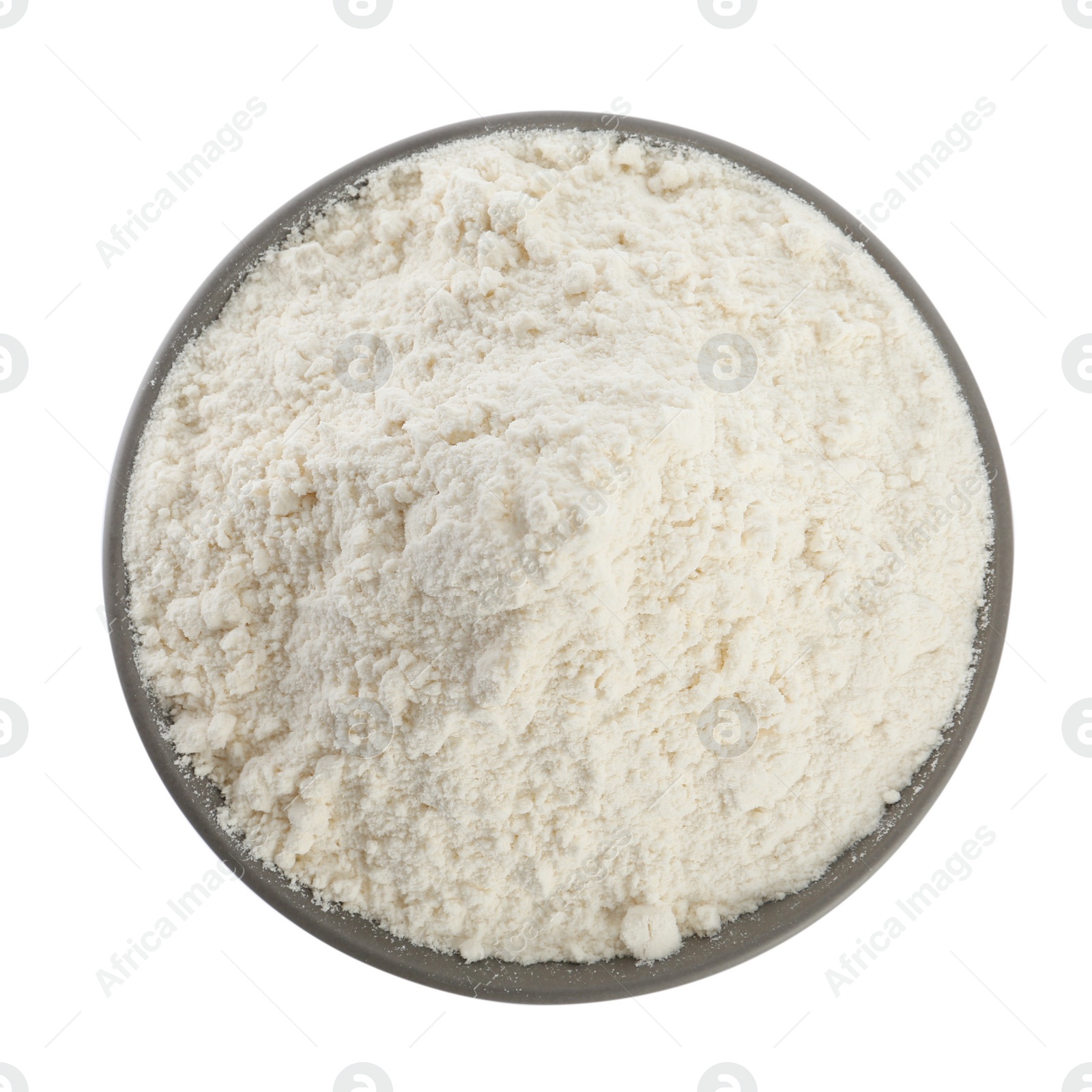 Photo of Ceramic bowl with flour isolated on white, top view. Cooking utensil