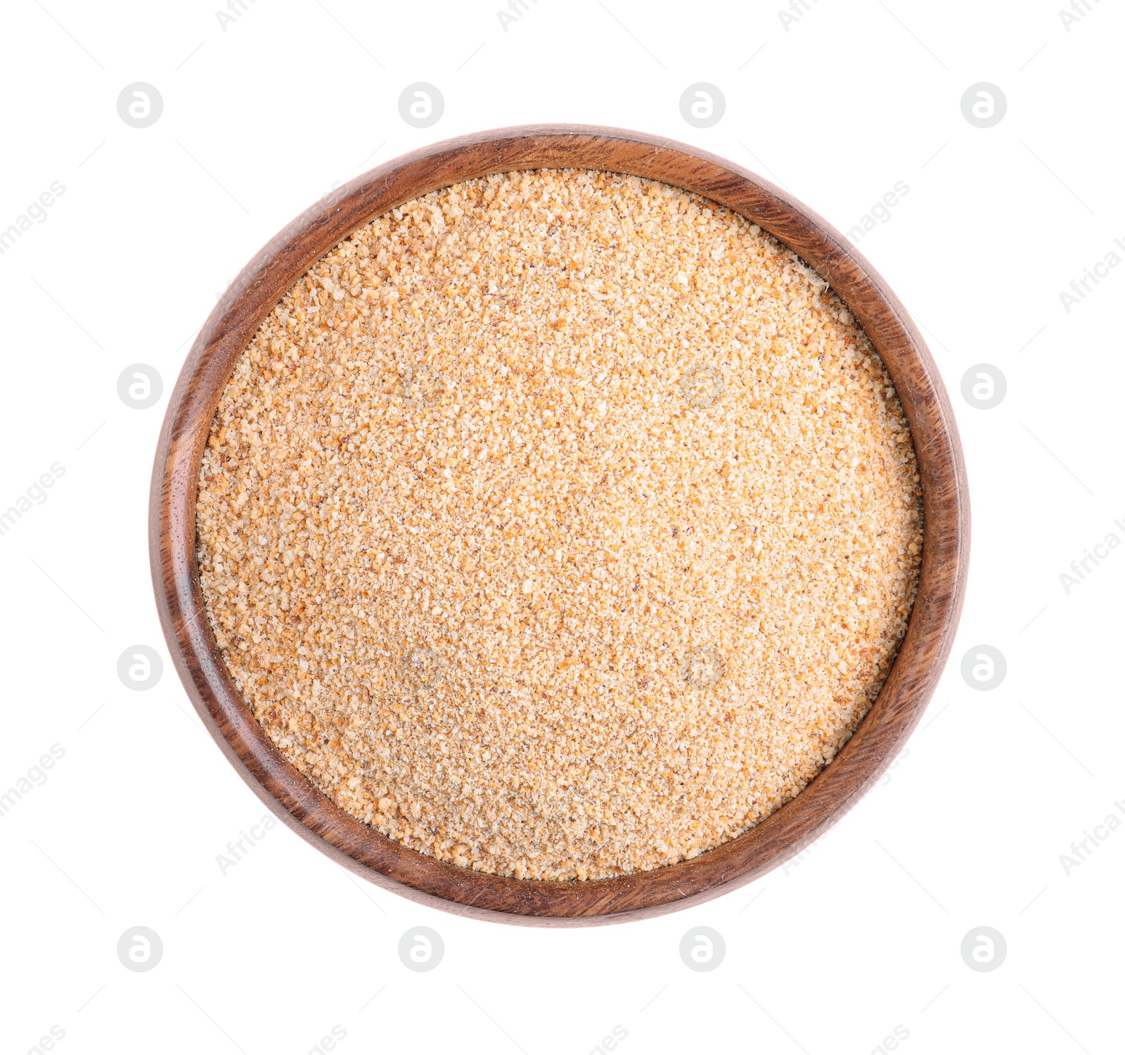 Photo of Fresh bread crumbs in wooden bowl isolated on white, top view