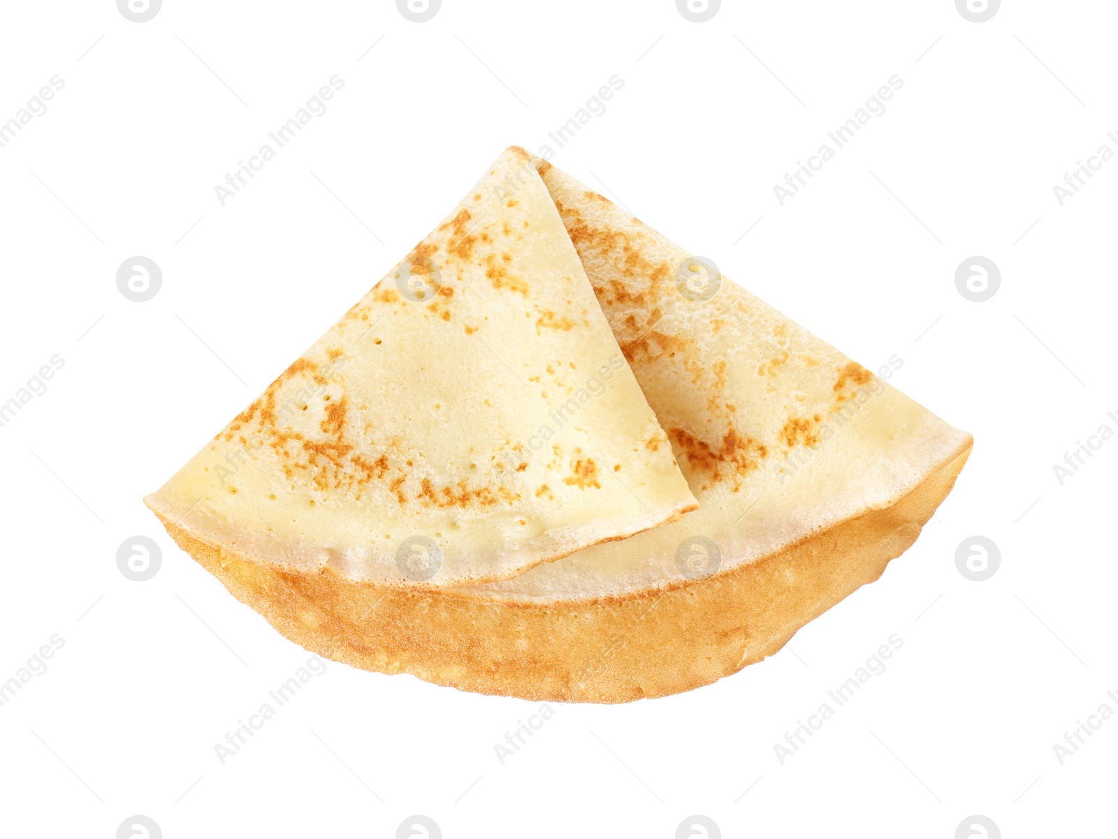 Photo of Tasty thin pancake on white background, top view