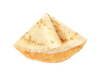 Tasty thin pancake on white background, top view