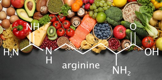 Fresh vegetables, fruits and seeds on black table, flat lay. Sources of essential amino acids