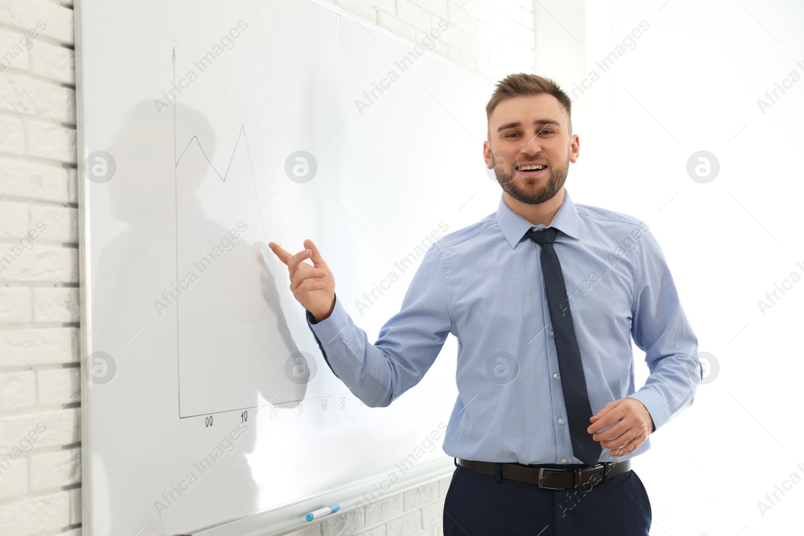 Photo of Professional business trainer near whiteboard in office