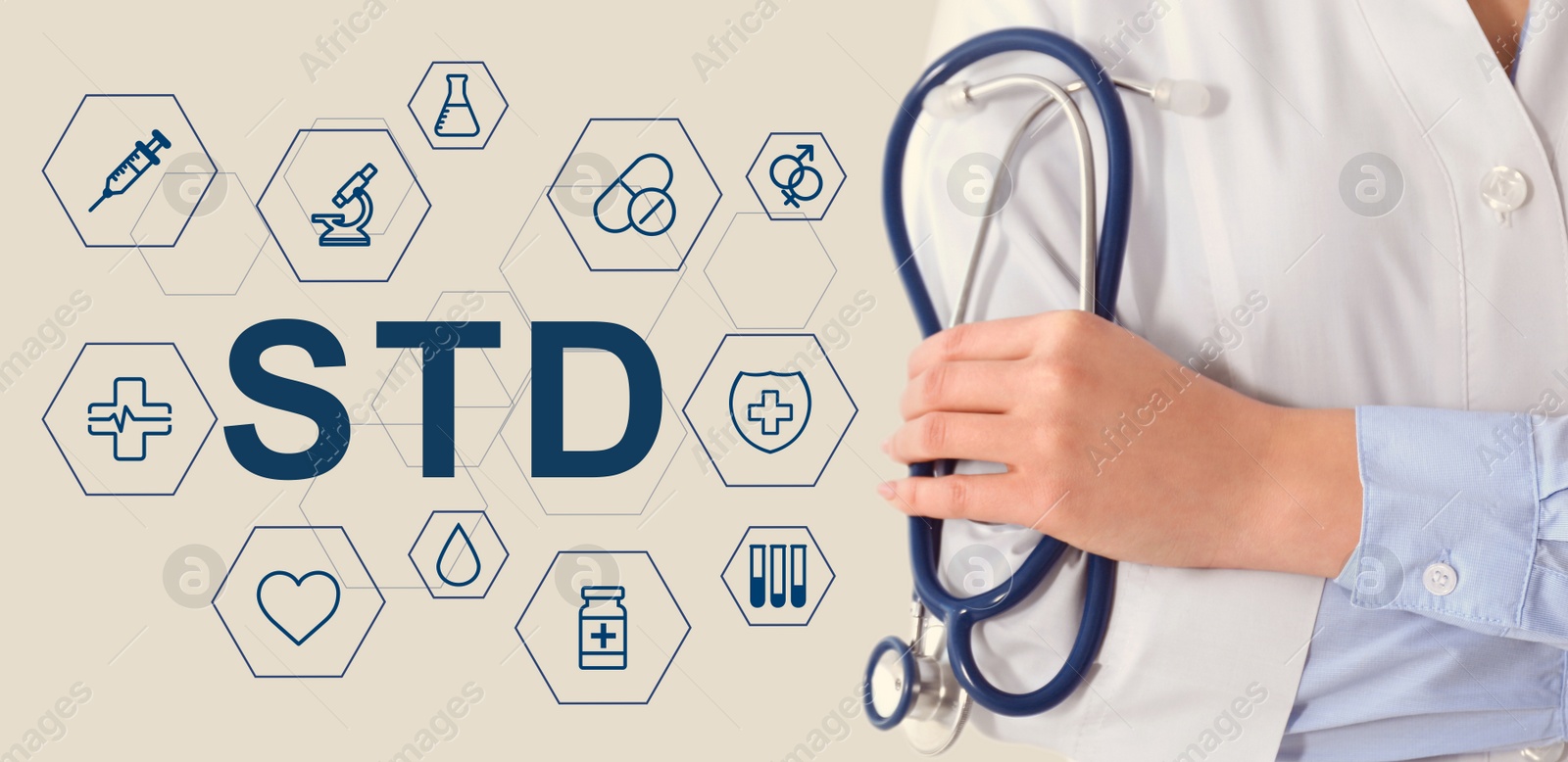 Image of STD prevention. Closeup view of doctor with stethoscope, abbreviation and different icons on light background, banner design