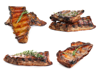 Set of delicious roasted ribs on white background