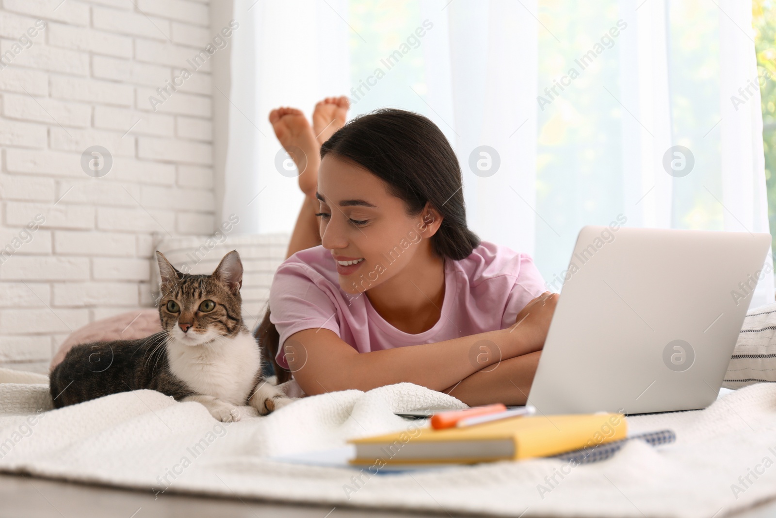 Photo of Young woman with cat working on laptop near window. Home office concept