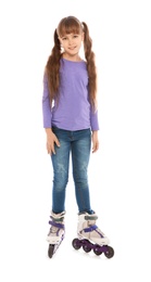Photo of Full length portrait of girl with inline roller skates on white background