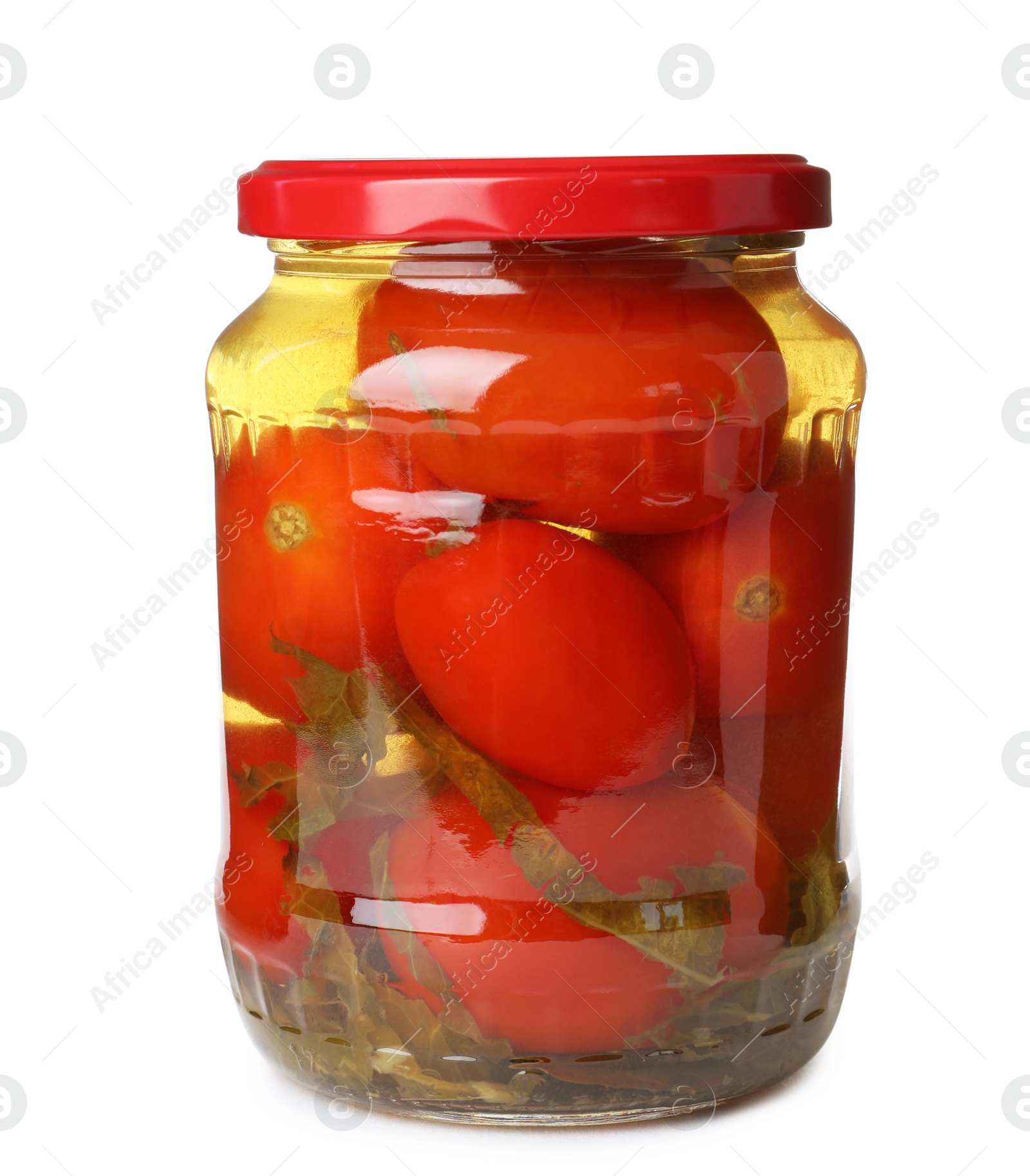 Photo of Glass jar with pickled tomatoes isolated on white