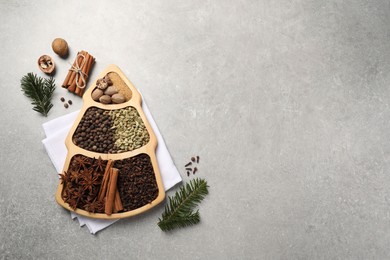 Different spices, nuts and fir branches on gray textured table, flat lay. Space for text
