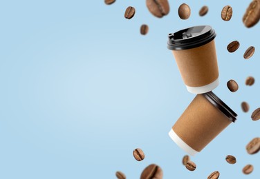 Image of Coffee to go. Paper cups and roasted beans flying on light blue background, space for text